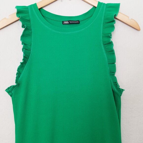 Zara Frill Ruffle Ribbed Knit Midi Dress Bodycon Kelly Green Size S  0962/629 - Picture 6 of 13